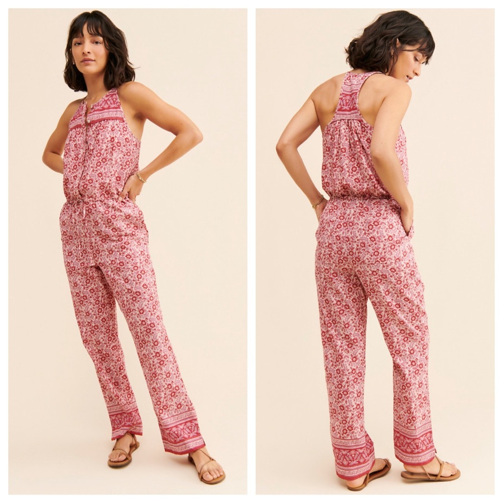 Faherty Adella Jumpsuit Red Pink Floral Block Print Halter Racerback Large